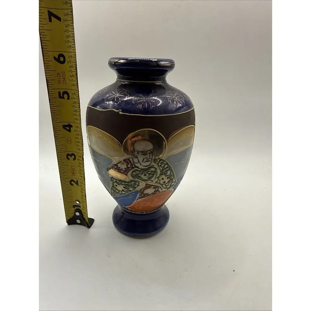 Vintage Japanese Satsuma Style 6” Cobalt Blue Hand Painted Moriage Vase *